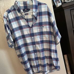 Vineyard Vines Men's Casual Blue and Red Plaid Shirt
